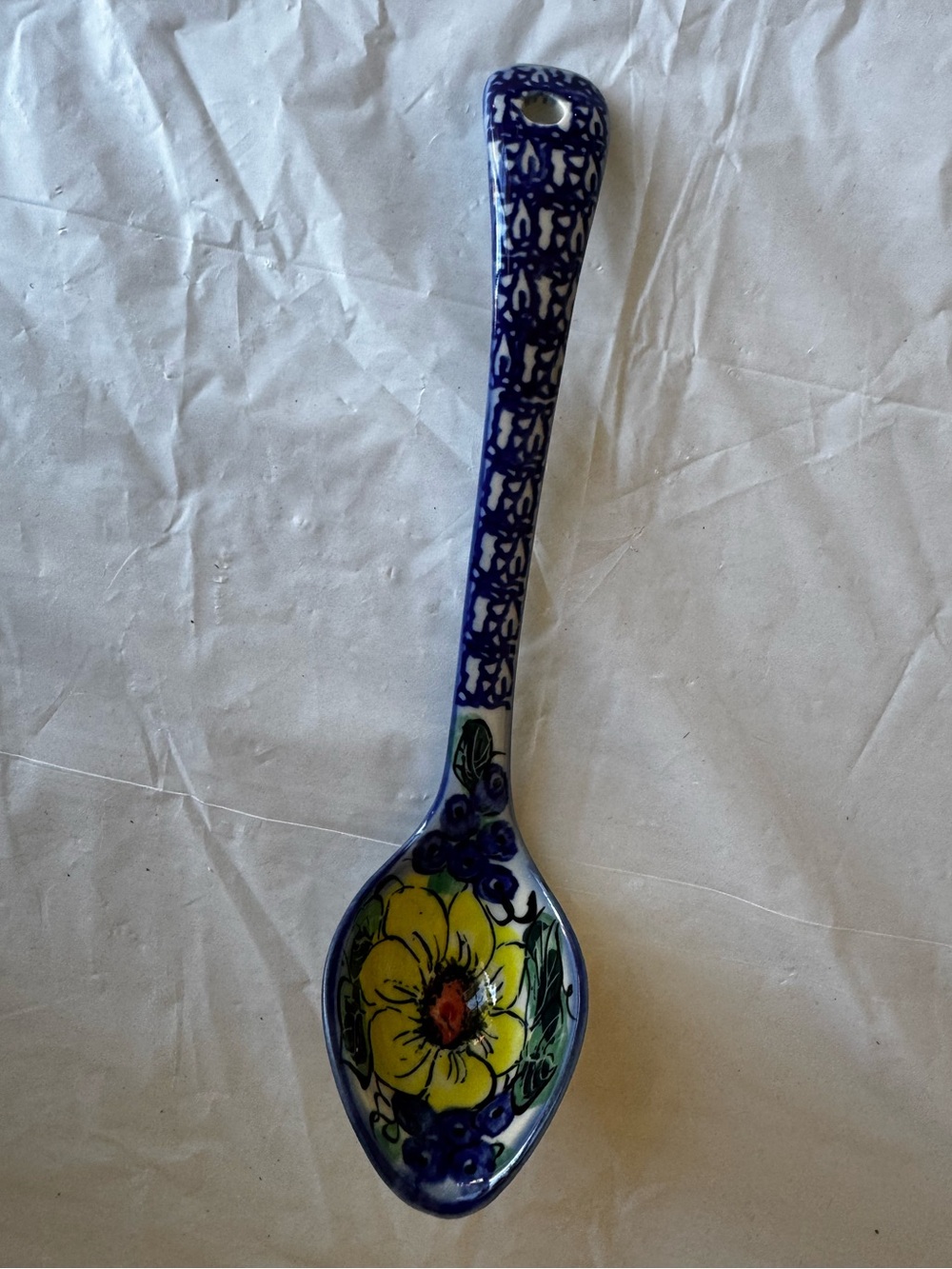 Polish Pottery Hand-Painted Floral Ceramic Spoon - Blue and Yellow